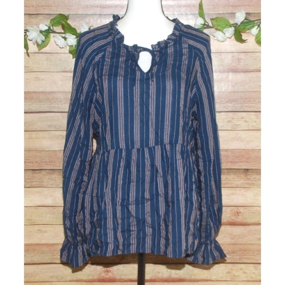 Wonderly Blue Striped Peplum Blouse Top Size L Ruffle Neckline Keyhole Neckline